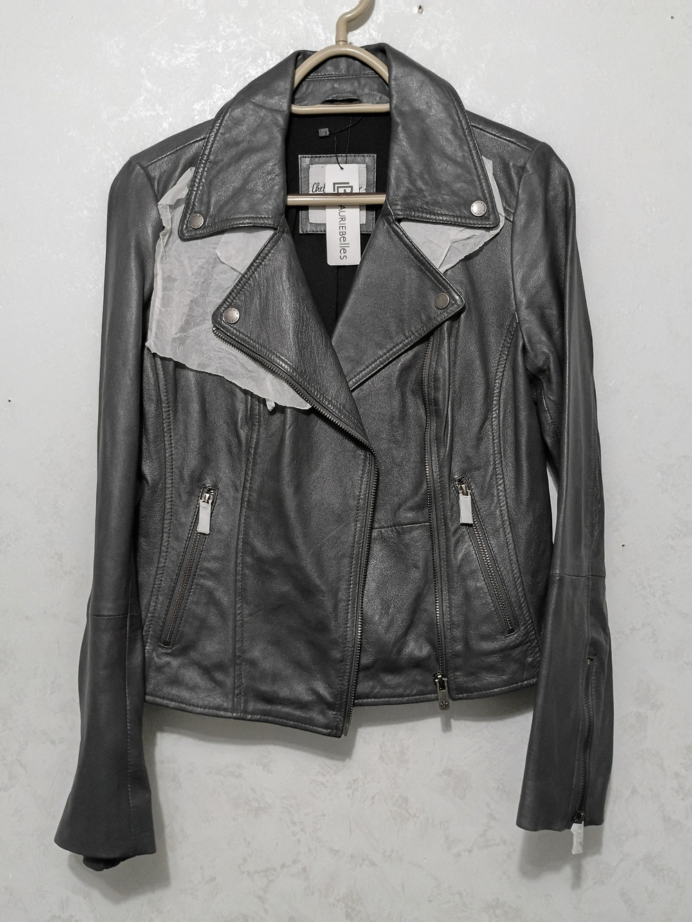 NWT Women's Size S Gray 100 % Leather Jacket with Asymmetric Zip